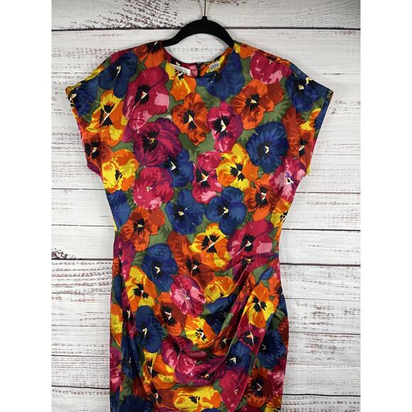 Nipon Boutique Dress Womens US 8 Silk Multicolor Floral Pansy Print Short Sleeve - Picture 2 of 10